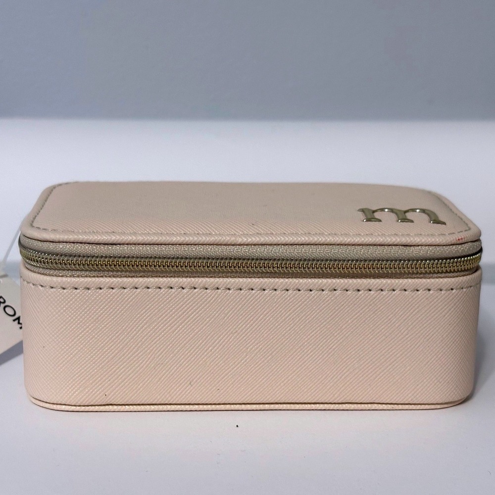 Nordstrom Initial m Travel Jewelry Case Cream Saffiano Faux Leather Zip Box NEW